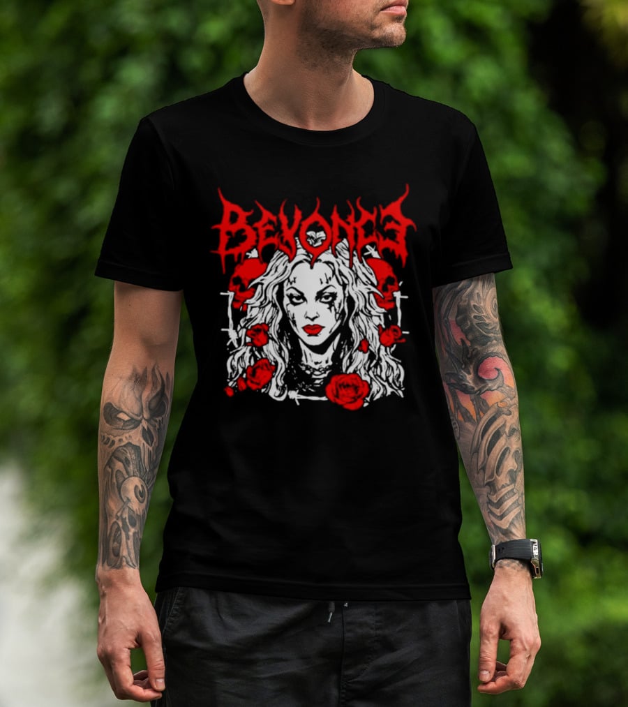 BEYONCÉ Rose Metal Gothic Style Skulls And Roses T-Shirt