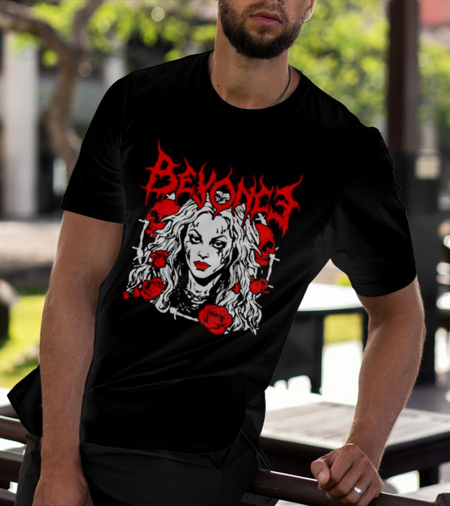 BEYONCÉ Rose Metal Gothic Style Skulls And Roses T-Shirt