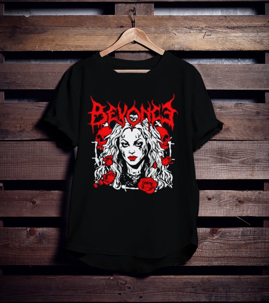 BEYONCÉ Rose Metal Gothic Style Skulls And Roses T-Shirt