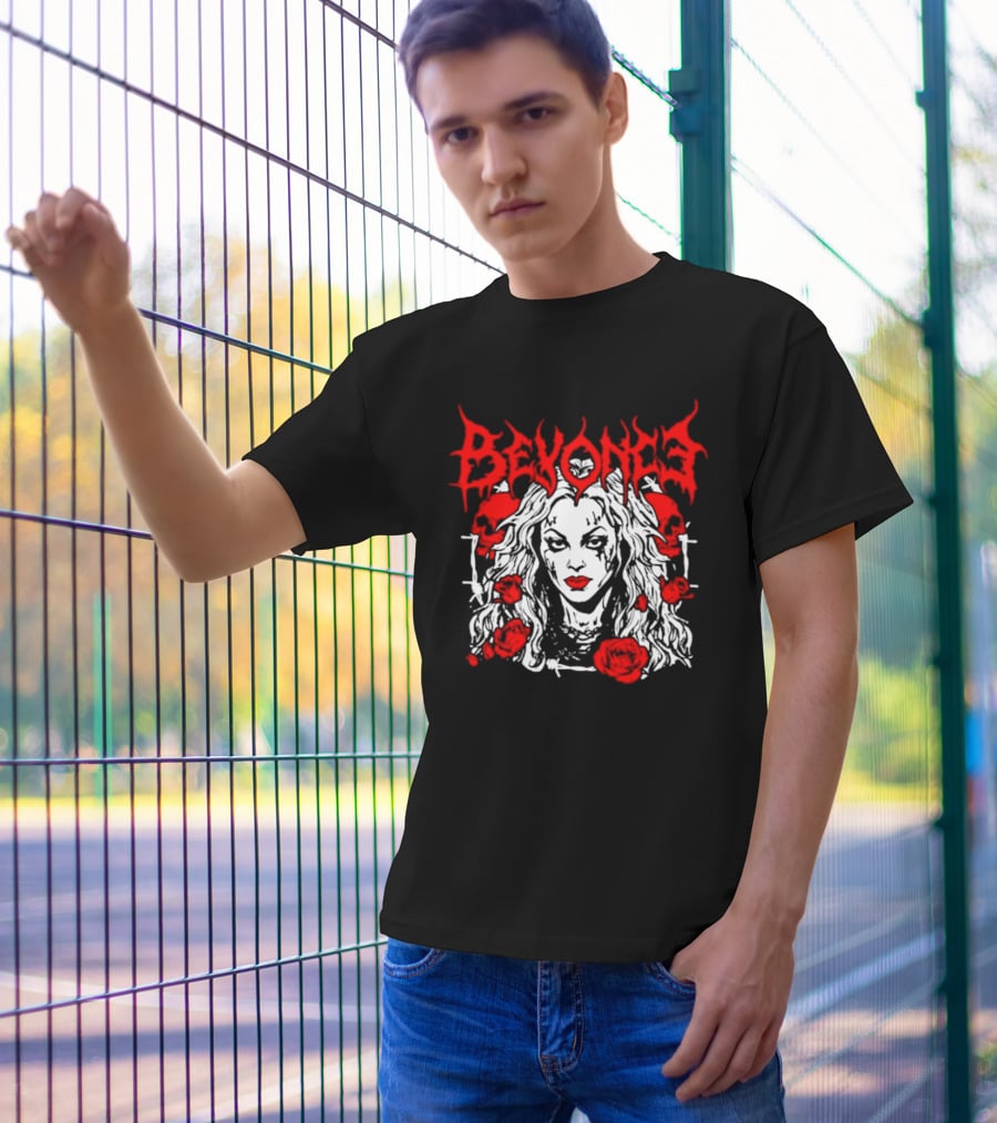 BEYONCÉ Rose Metal Gothic Style Skulls And Roses T-Shirt