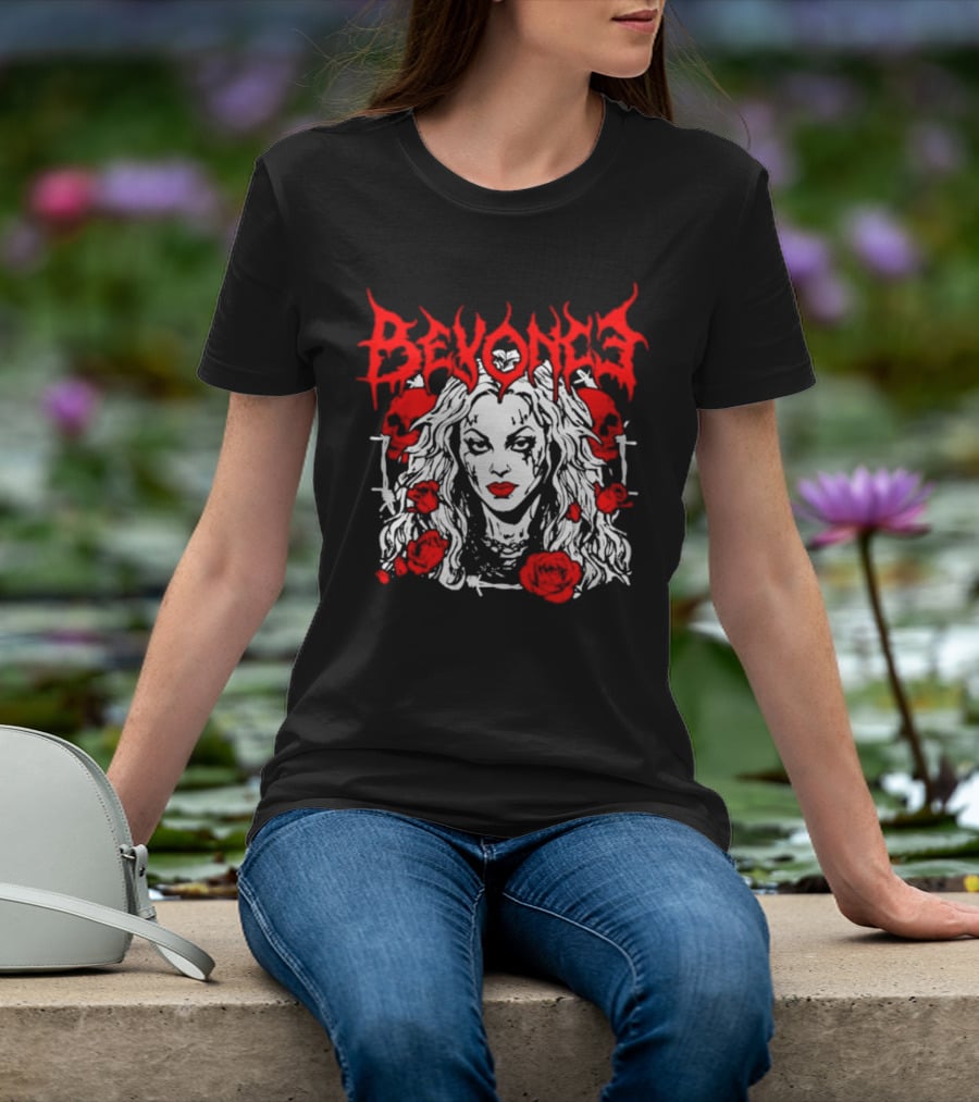 BEYONCÉ Rose Metal Gothic Style Skulls And Roses T-Shirt