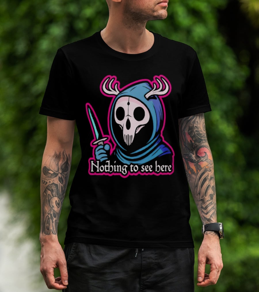 Grim Reaper Nothing To See Here Skull Hood Antlers Knife T-Shirt
