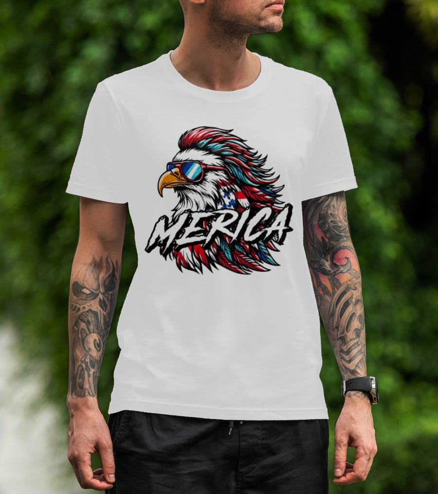 Merica Mullet Eagle With Patriotic Sunglasses And Americana Colors T-Shirt