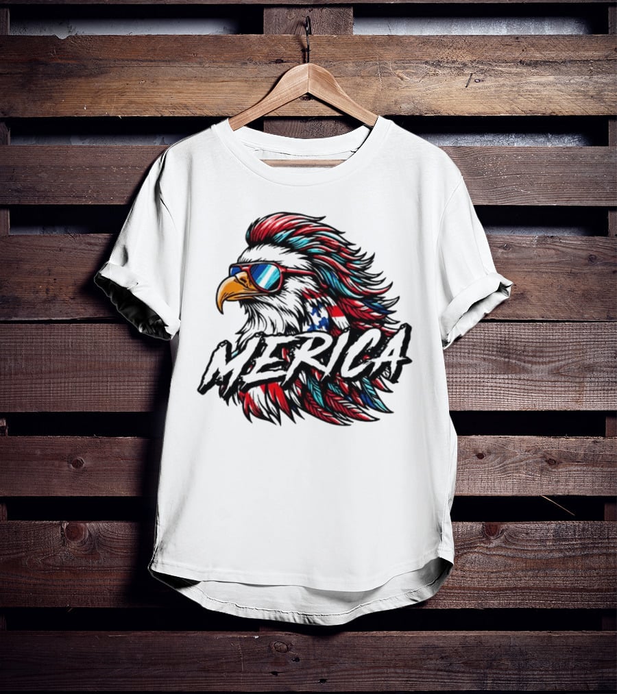 Merica Mullet Eagle With Patriotic Sunglasses And Americana Colors T-Shirt