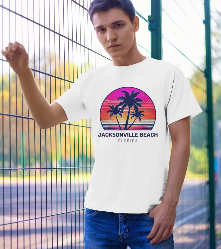 Jacksonville Beach Florida Palm Tree Sunset Circle T-Shirt