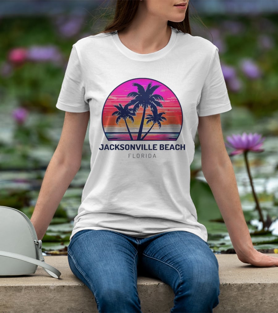 Jacksonville Beach Florida Palm Tree Sunset Circle T-Shirt