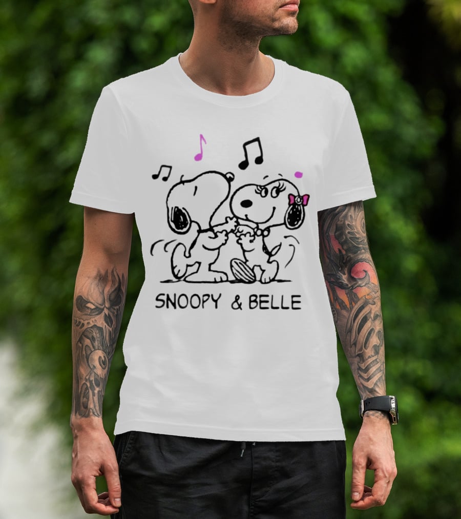 Snoopy And Belle Dancing With Musical Notes And Pink Accents T-Shirt
