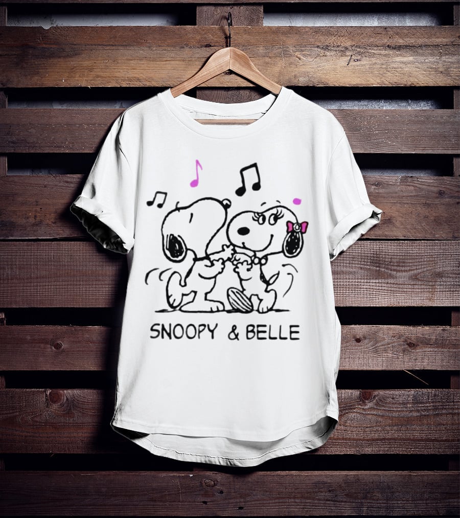 Snoopy And Belle Dancing With Musical Notes And Pink Accents T-Shirt