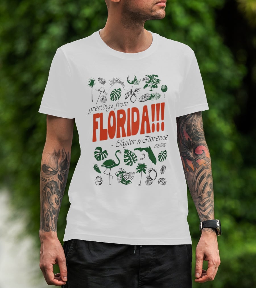 Greetings From Florida Taylor And Florence TTPD Flamingo Palm Map Iconic Tropical T-Shirt