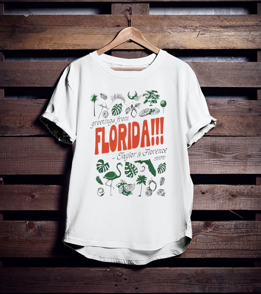 Greetings From Florida Taylor And Florence TTPD Flamingo Palm Map Iconic Tropical T-Shirt