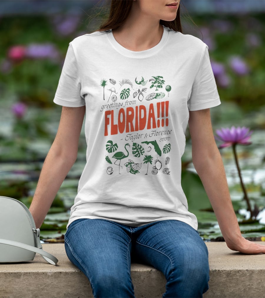 Greetings From Florida Taylor And Florence TTPD Flamingo Palm Map Iconic Tropical T-Shirt