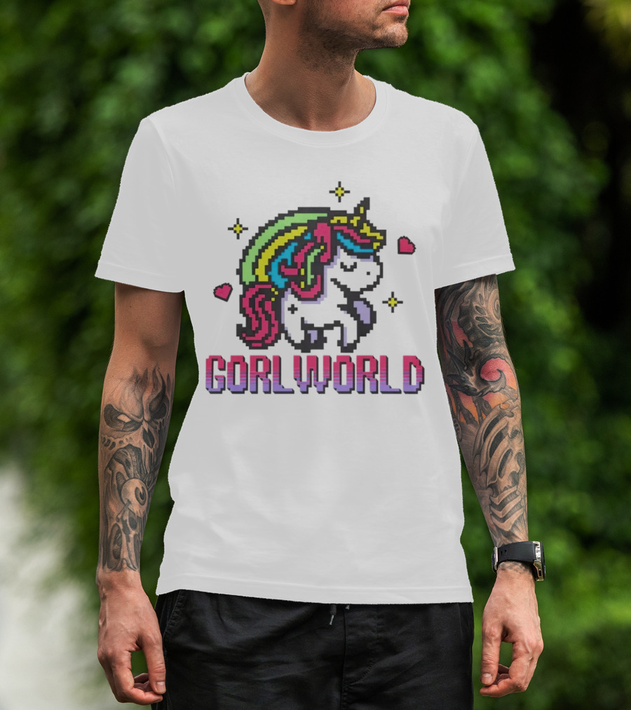 Gorl World Unicorn Retro Pixel Art Rainbow Hearts T-Shirt