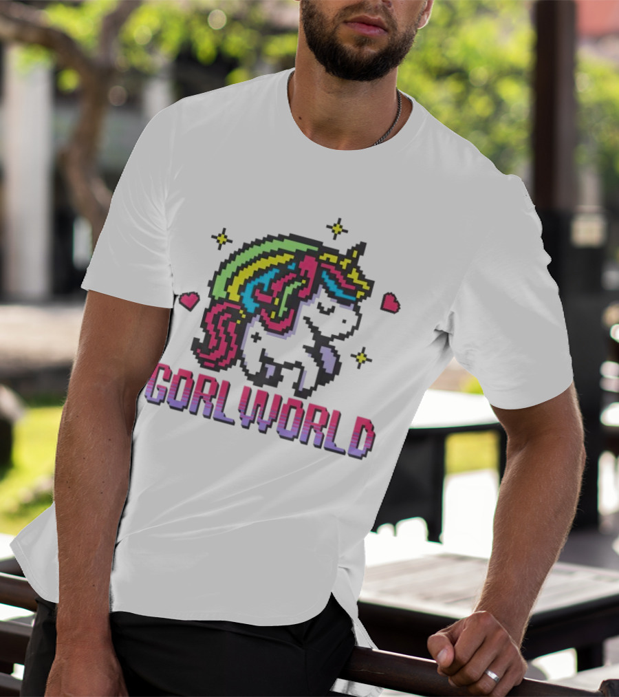 Gorl World Unicorn Retro Pixel Art Rainbow Hearts T-Shirt