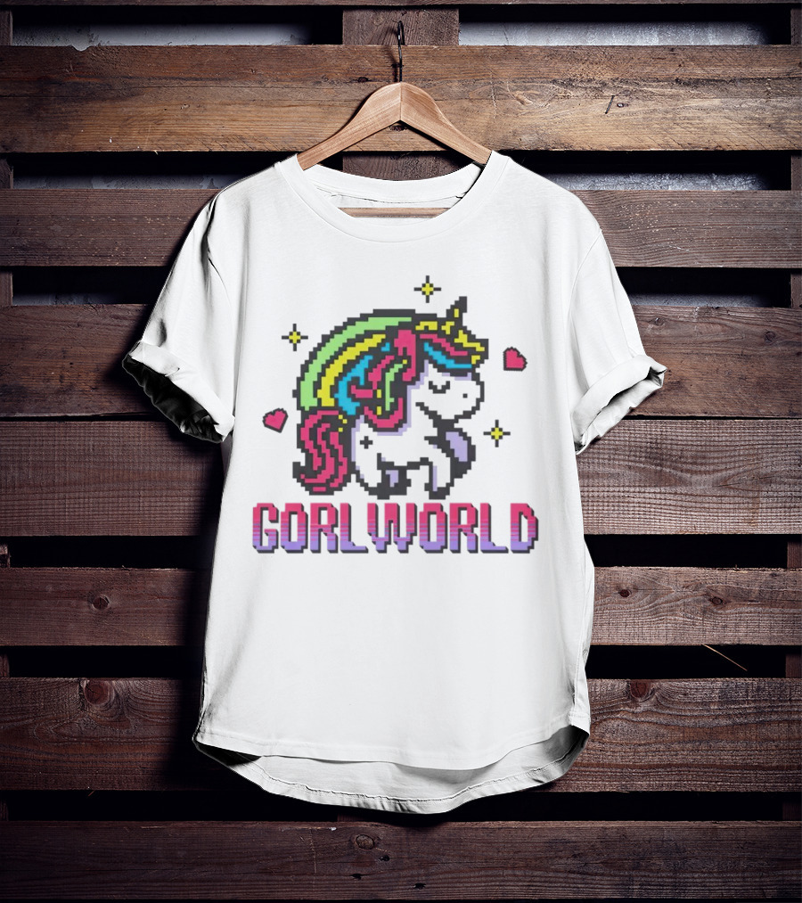 Gorl World Unicorn Retro Pixel Art Rainbow Hearts T-Shirt