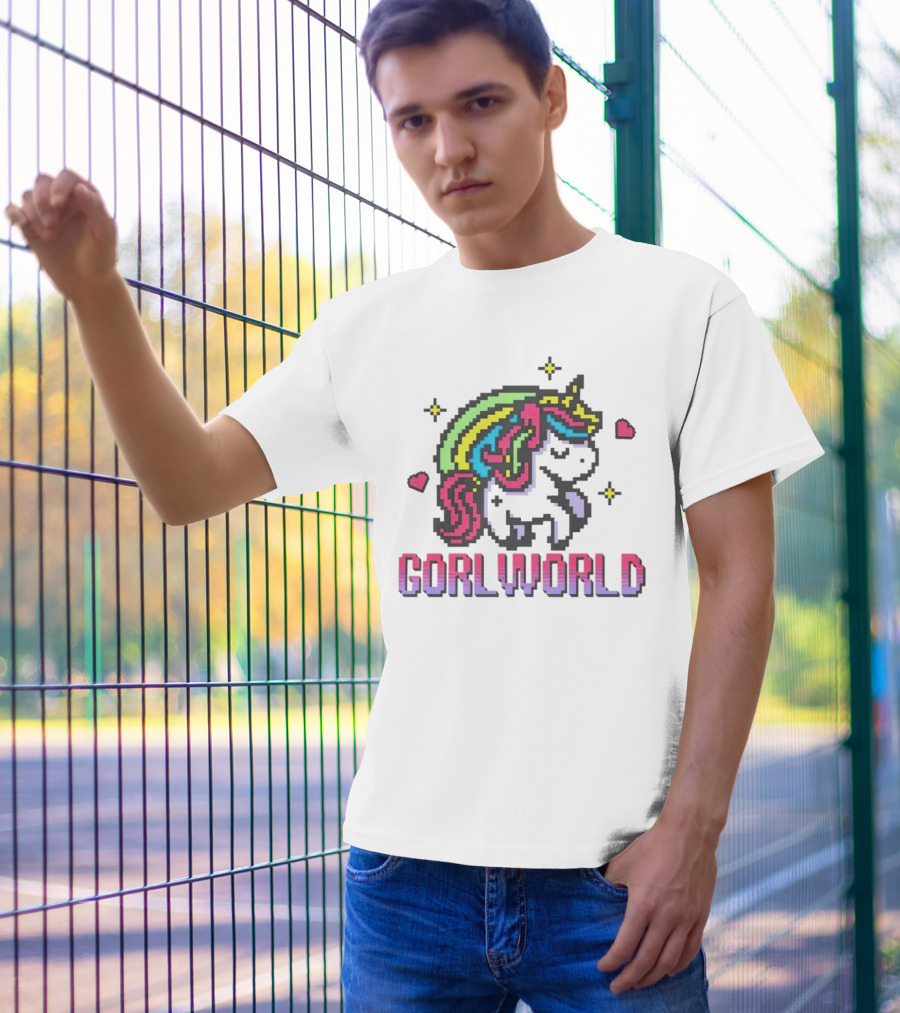 Gorl World Unicorn Retro Pixel Art Rainbow Hearts T-Shirt