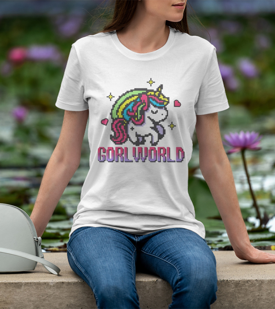 Gorl World Unicorn Retro Pixel Art Rainbow Hearts T-Shirt