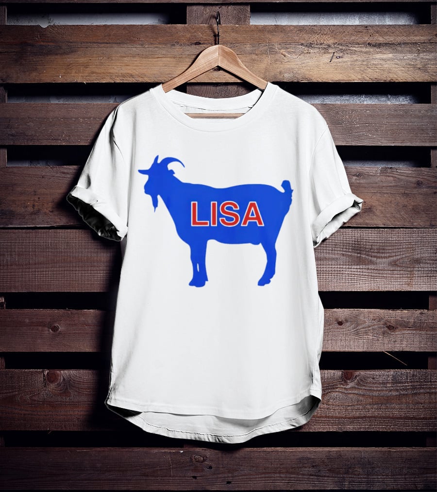 Lisa L Dubbs Goat Silhouette With Name In Bold Red Letters Blue Background T-Shirt