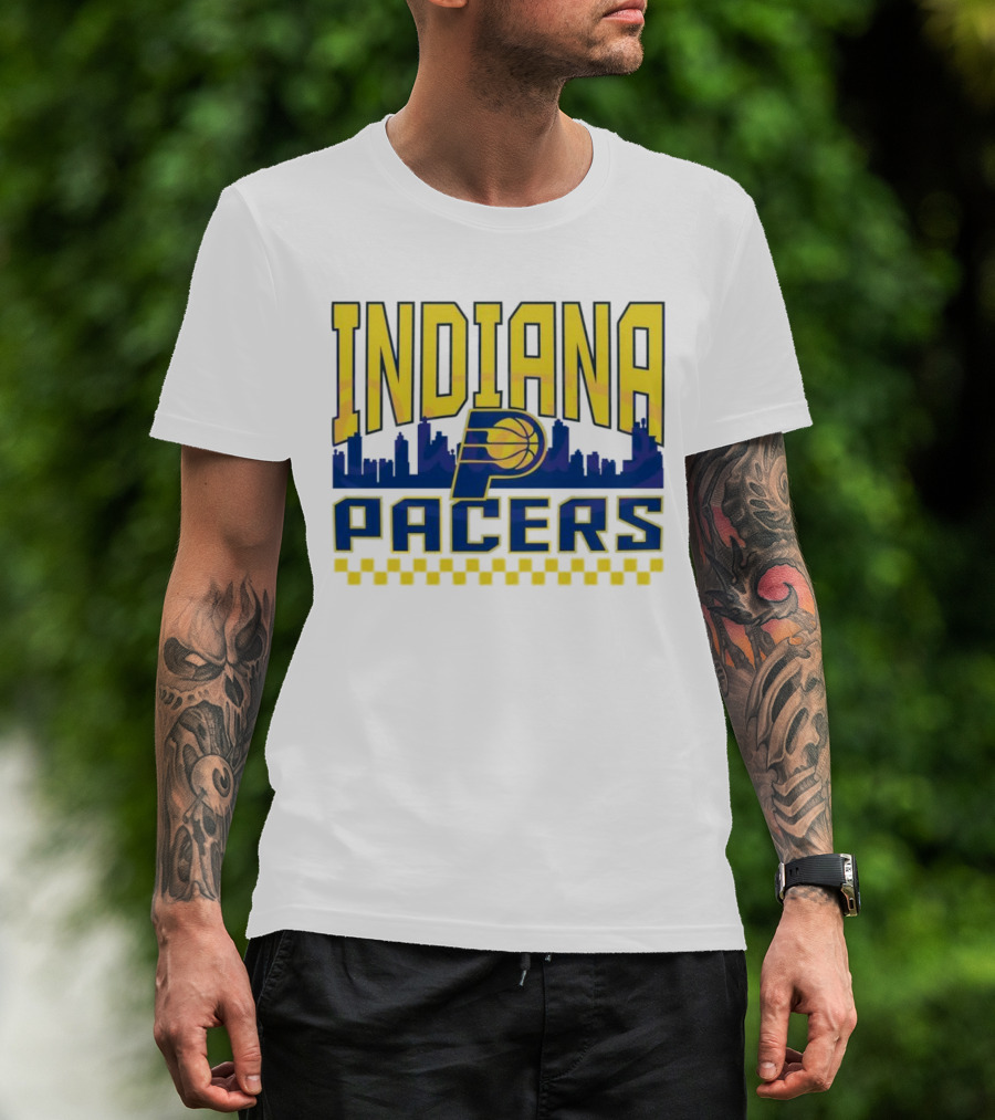 Indiana Pacers NBA Logo Skyline With Checkered T-Shirt