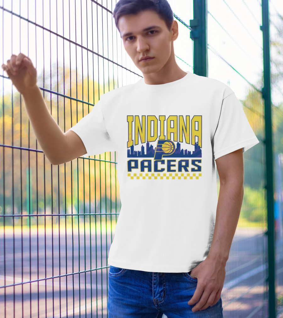 Indiana Pacers NBA Logo Skyline With Checkered T-Shirt