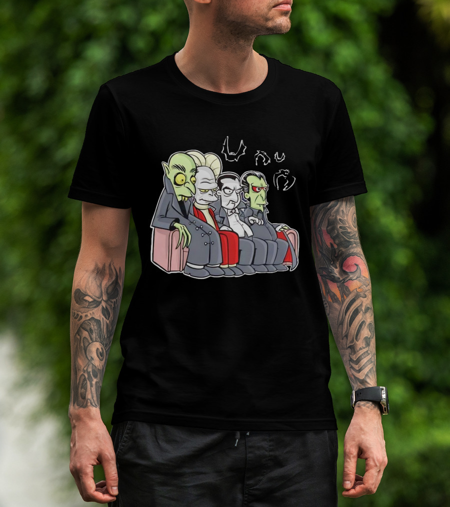 Various Versions Of Draculas Seated On A Couch With Bat Symbols T-Shirt