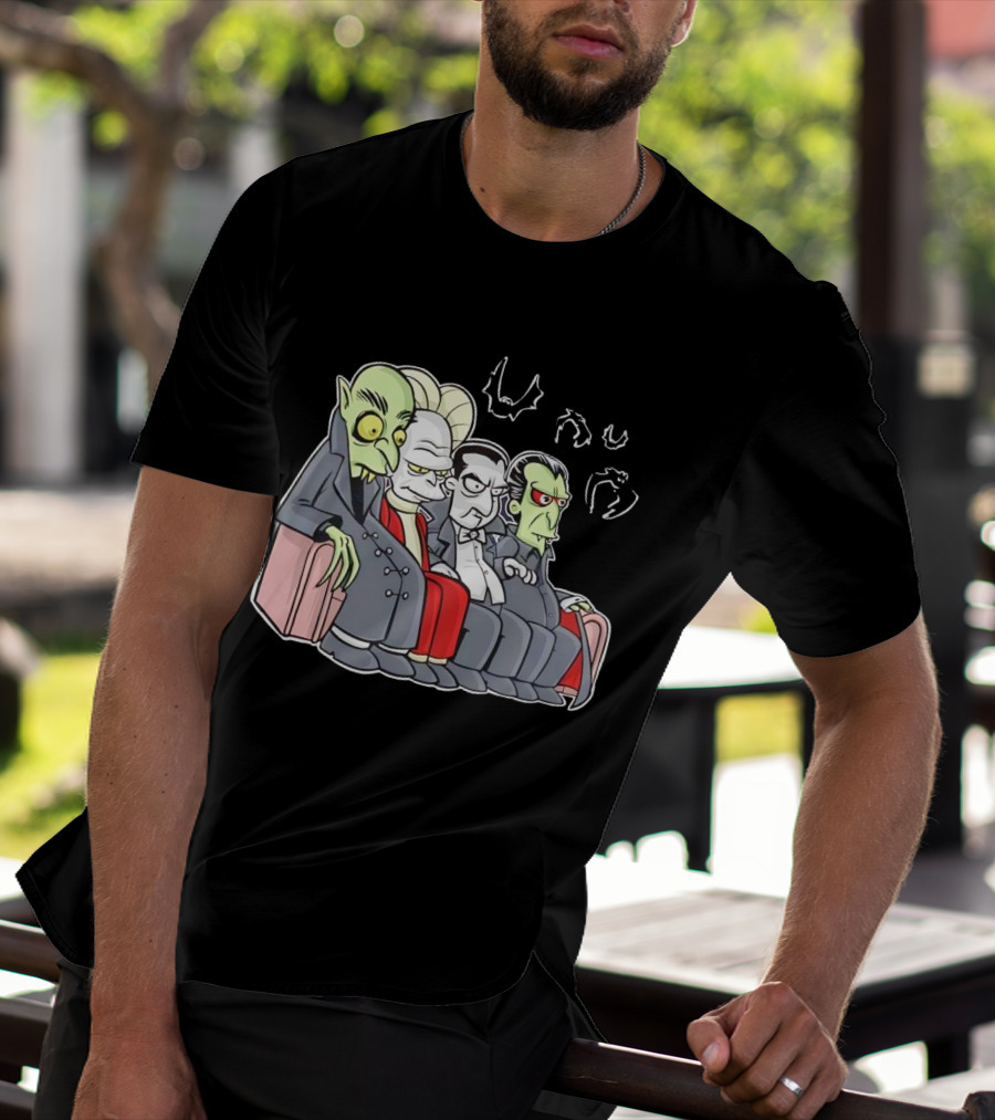 Various Versions Of Draculas Seated On A Couch With Bat Symbols T-Shirt