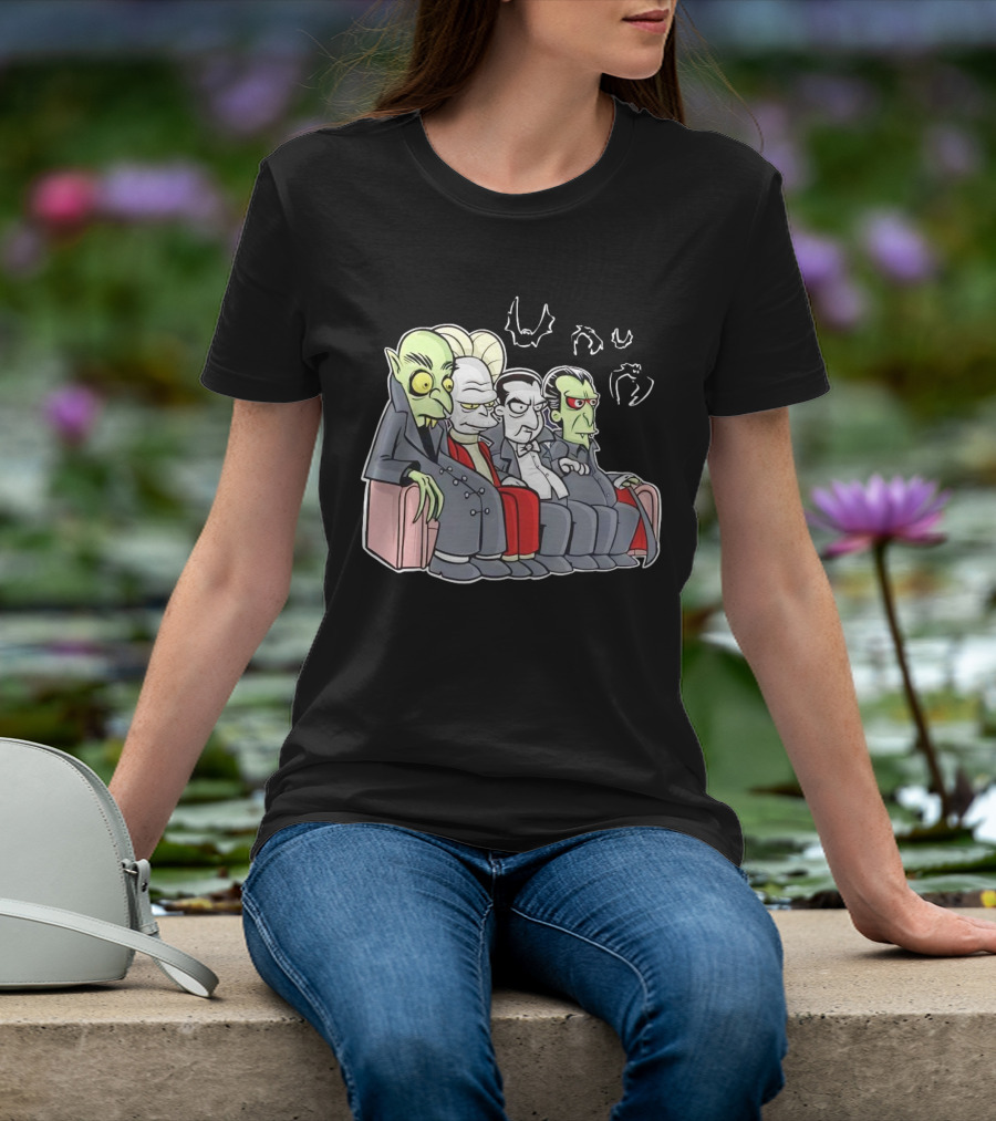Various Versions Of Draculas Seated On A Couch With Bat Symbols T-Shirt