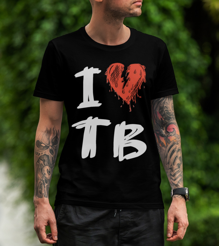 I Love TB Heart Icon With Dripping Red And Black Details Tragedy Boiz T-Shirt