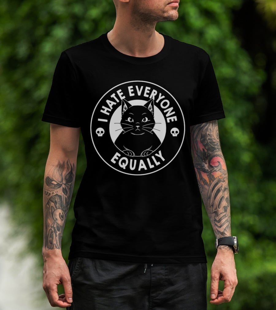 I Hate Everyone Equally Black Cat Illustration With Skulls T-Shirt