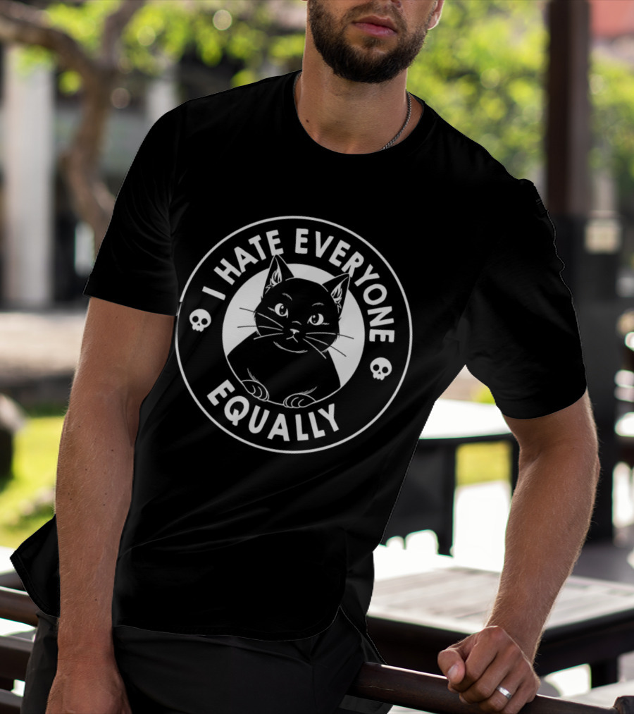 I Hate Everyone Equally Black Cat Illustration With Skulls T-Shirt