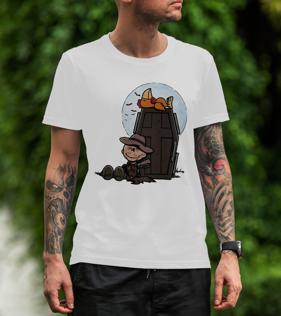 Ghoul And A Chicken From Fallout Peanuts Style Sitting By Coffin Under Moon With Bats T-Shirt