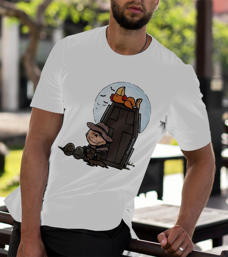 Ghoul And A Chicken From Fallout Peanuts Style Sitting By Coffin Under Moon With Bats T-Shirt