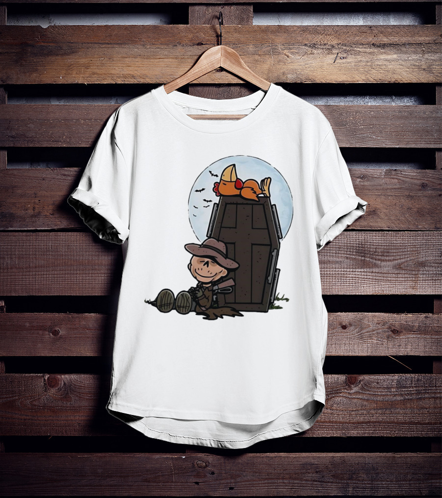 Ghoul And A Chicken From Fallout Peanuts Style Sitting By Coffin Under Moon With Bats T-Shirt