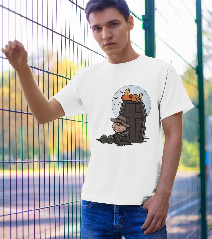 Ghoul And A Chicken From Fallout Peanuts Style Sitting By Coffin Under Moon With Bats T-Shirt