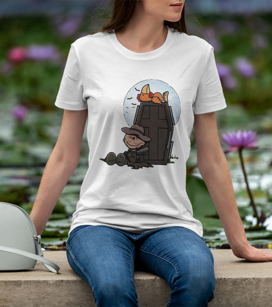 Ghoul And A Chicken From Fallout Peanuts Style Sitting By Coffin Under Moon With Bats T-Shirt