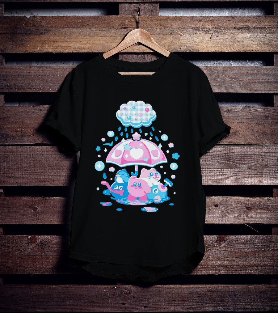 Kirby Gooey And Rick Under Heart Umbrella With Stars And Raindrops T-Shirt