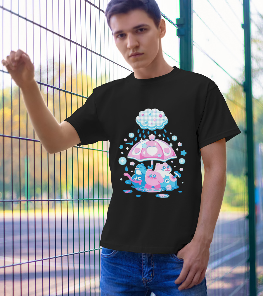 Kirby Gooey And Rick Under Heart Umbrella With Stars And Raindrops T-Shirt