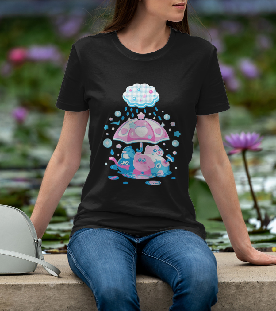 Kirby Gooey And Rick Under Heart Umbrella With Stars And Raindrops T-Shirt