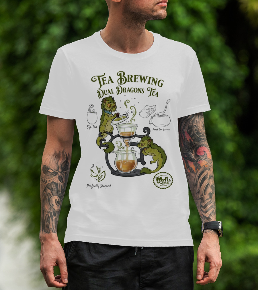 Tea Brewing Dual Dragons Sip Tea Perfectly Steeped Leaf And Kettle T-Shirt