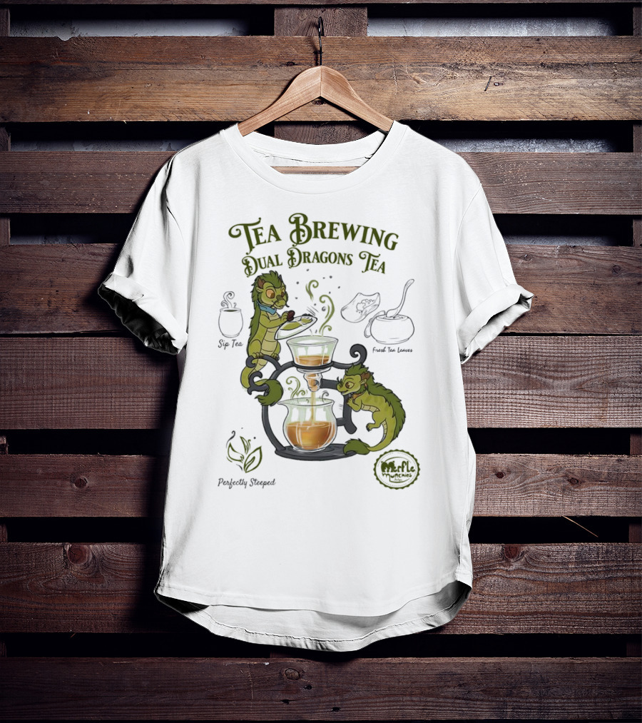 Tea Brewing Dual Dragons Sip Tea Perfectly Steeped Leaf And Kettle T-Shirt
