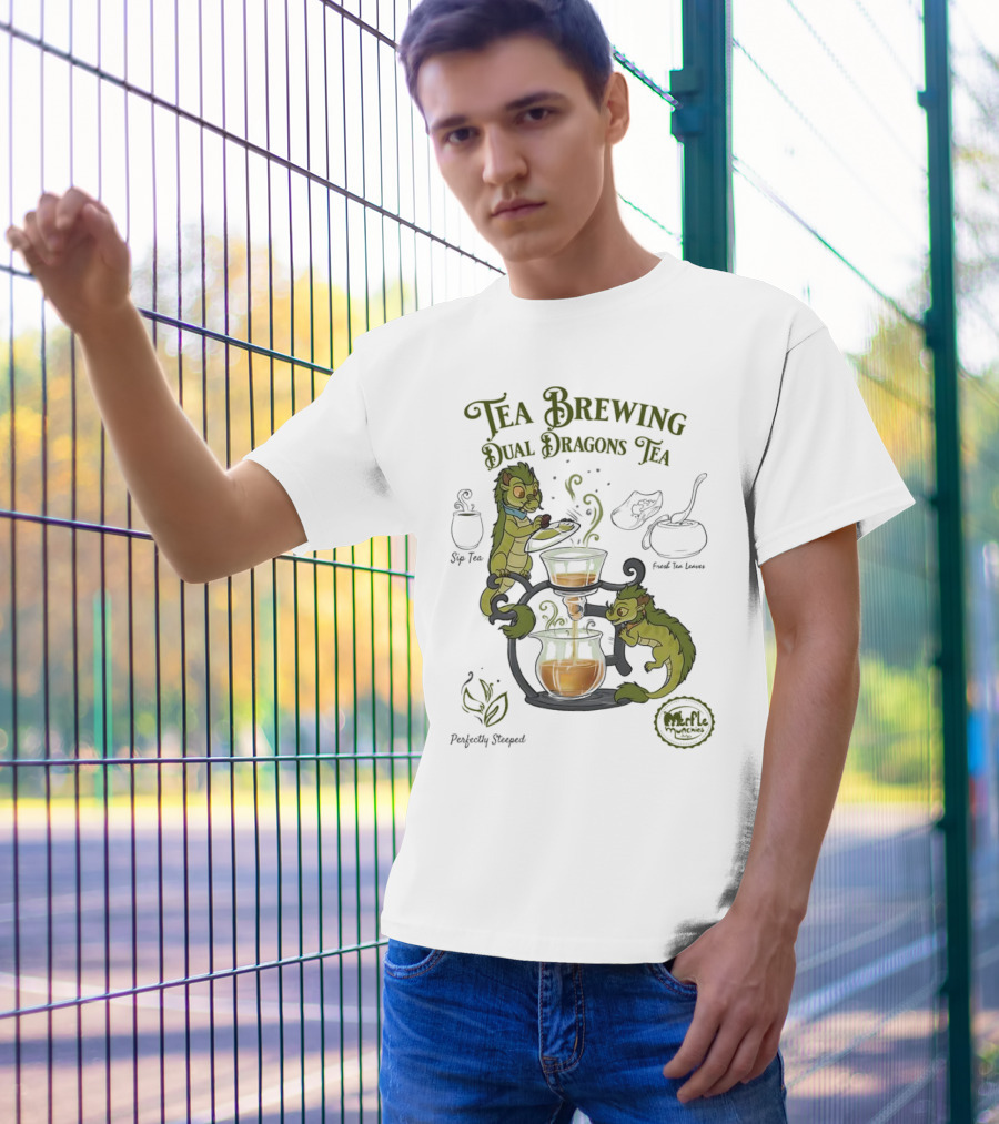 Tea Brewing Dual Dragons Sip Tea Perfectly Steeped Leaf And Kettle T-Shirt