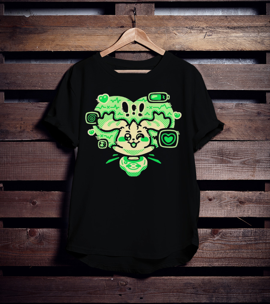 Terriermon Digimon Iconic Green Heartbeat Motif With Digital Symbols T-Shirt