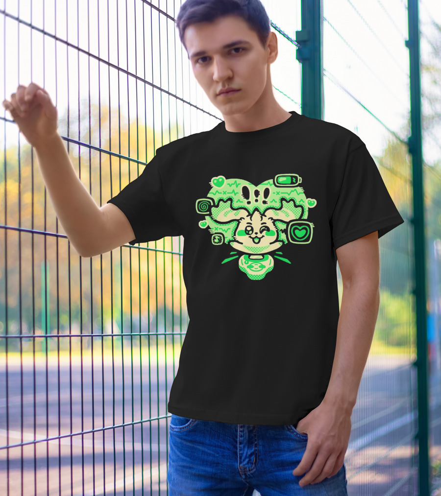 Terriermon Digimon Iconic Green Heartbeat Motif With Digital Symbols T-Shirt