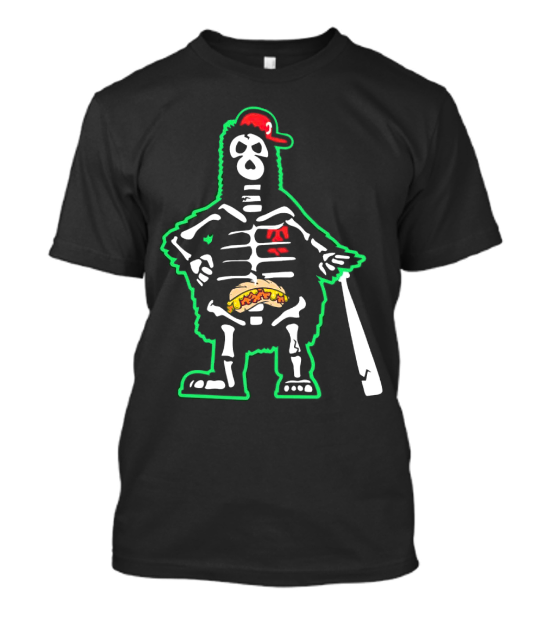 Phillie Phanatic Skeleton With Baseball Bat And Hot Dog Belly T-Shirt