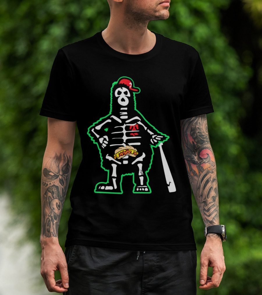 Phillie Phanatic Skeleton With Baseball Bat And Hot Dog Belly T-Shirt