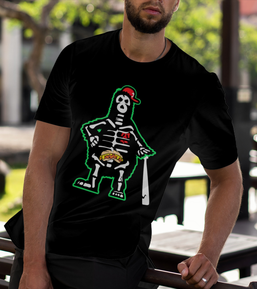 Phillie Phanatic Skeleton With Baseball Bat And Hot Dog Belly T-Shirt