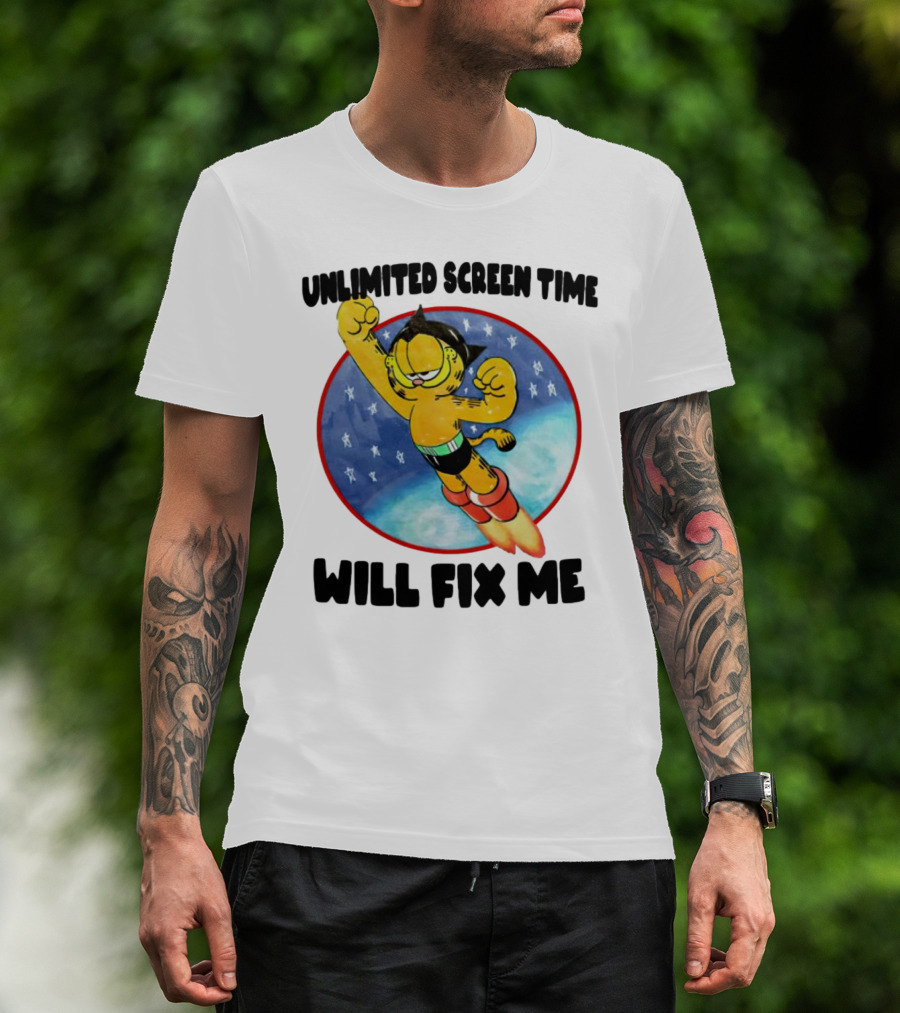 Unlimited Screen Time Will Fix Me Garfield Superhero Flight T-Shirt