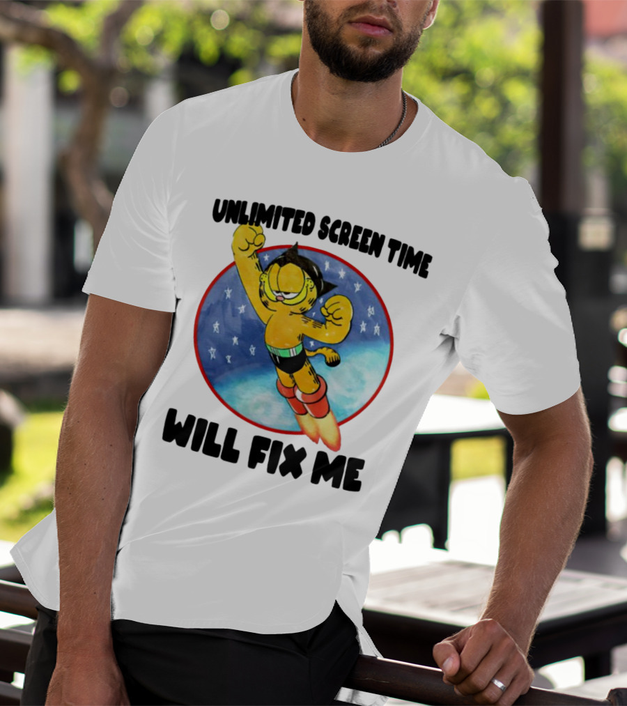 Unlimited Screen Time Will Fix Me Garfield Superhero Flight T-Shirt