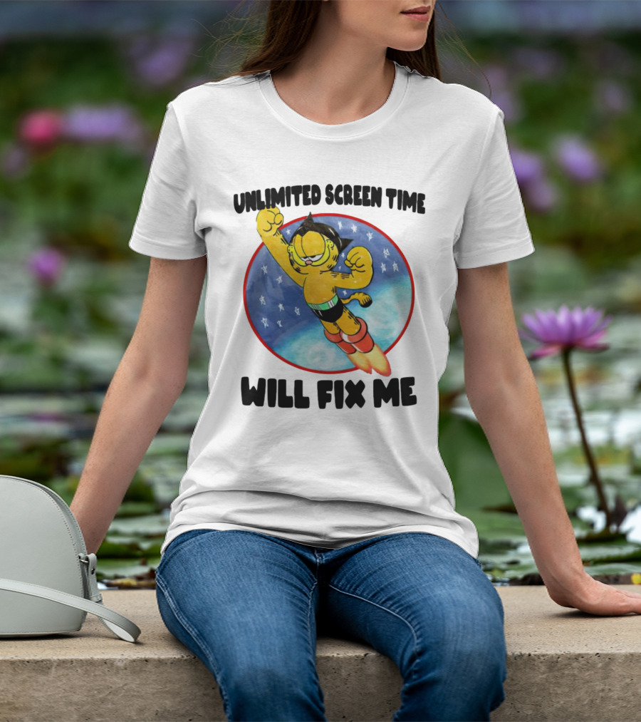Unlimited Screen Time Will Fix Me Garfield Superhero Flight T-Shirt