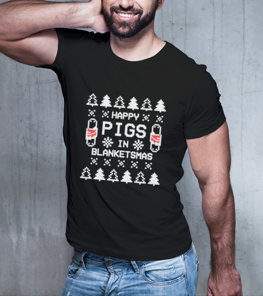 Happy Pigs In Blanketsmas Christmas Trees Snowflakes Ugly T-Shirt