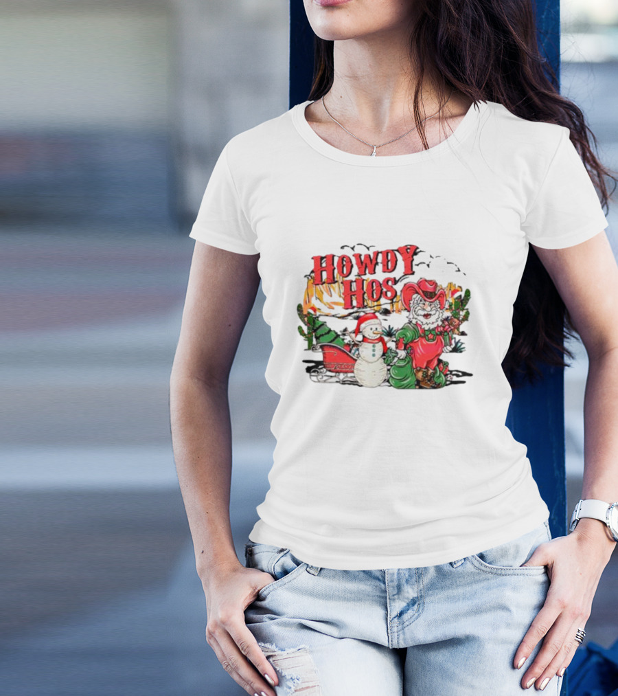 Howdy Hos Santa Snowman Sled Cowboy Christmas Scene T-Shirt